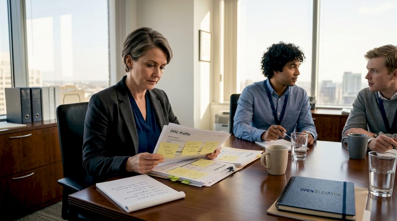 HR manager reviewing DISC profile reports