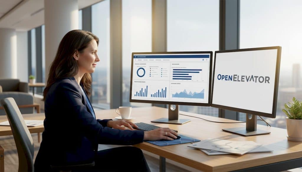 Manager reviewing employee data dashboard in office