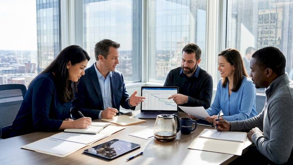 Team discussing project in conference room