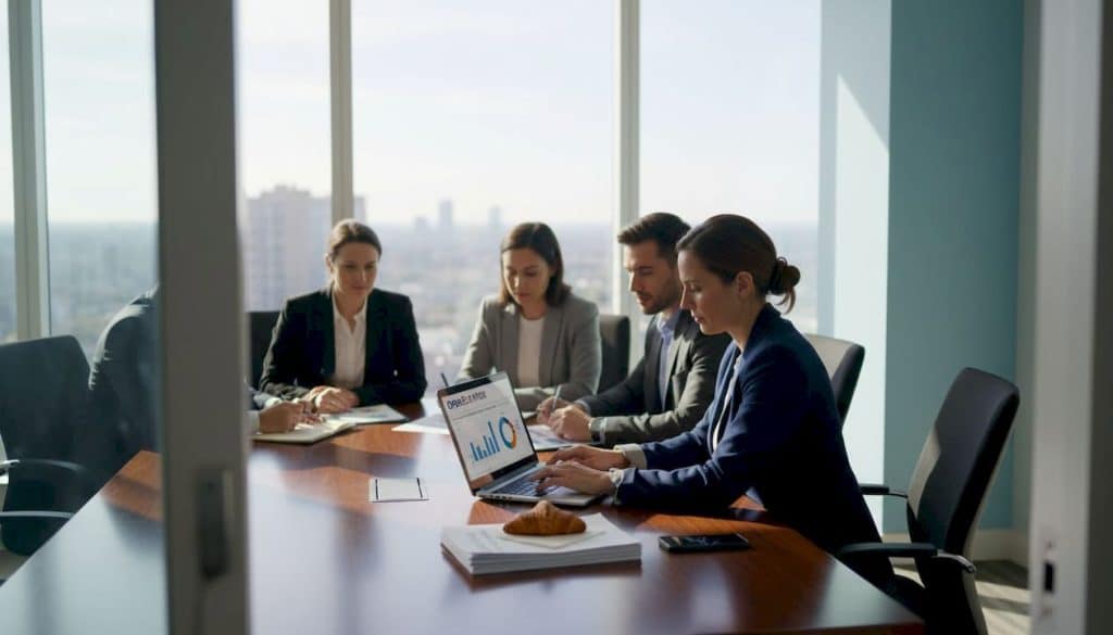 HR team reviews analytics reports in conference room