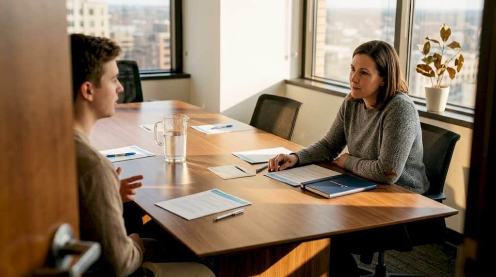 Manager and team member discussing workplace retention