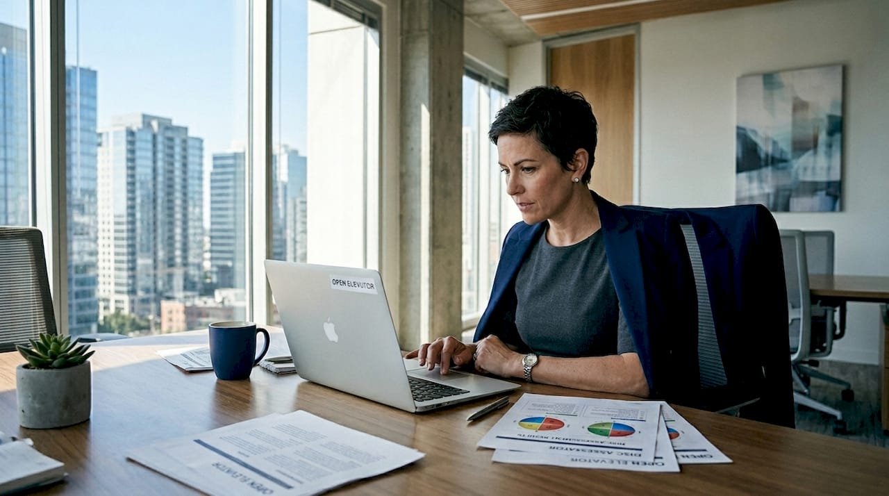 Manager reviewing DISC results in office