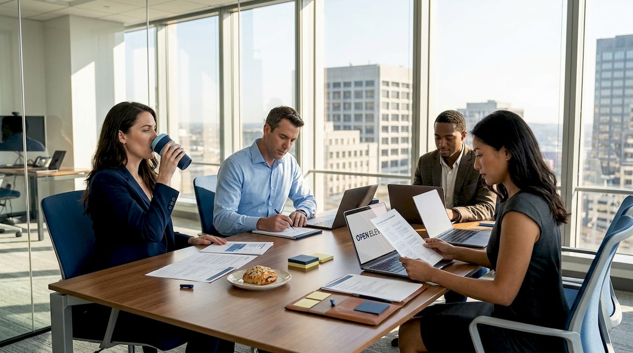 Team discussing project at conference table