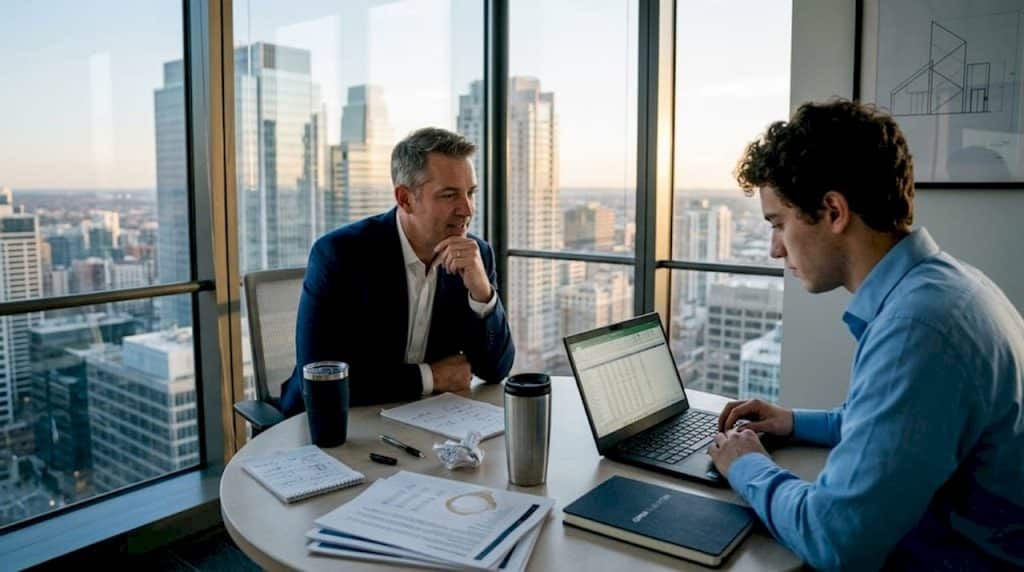 Manager and employee reviewing spreadsheet in morning meeting
