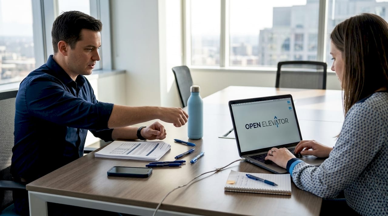 Coworkers discussing workplace alignment at conference table