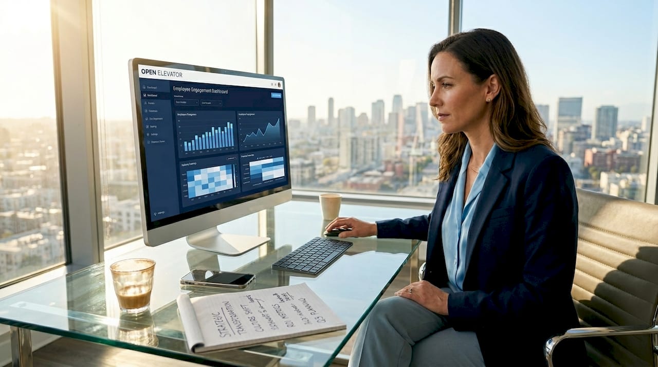 Leader reviews employee engagement dashboard in office