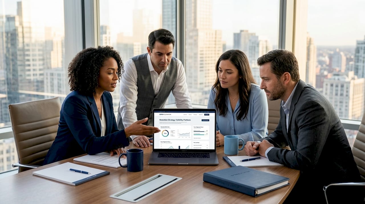 Business team collaborating over software comparison