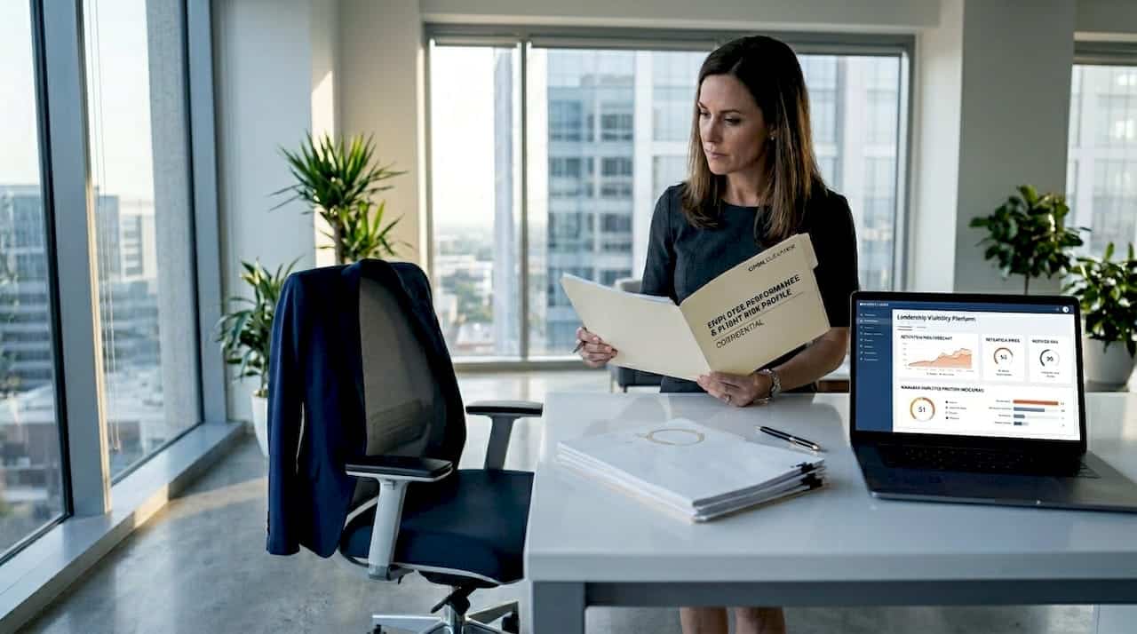 Manager reviewing promotion paperwork in office