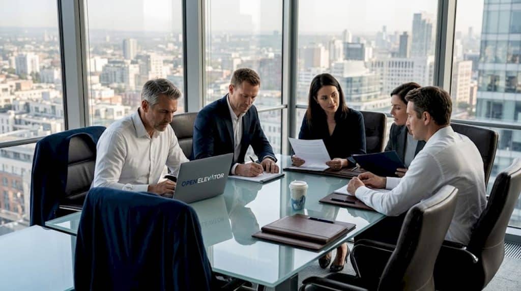 Executive team meeting in post-reorg office