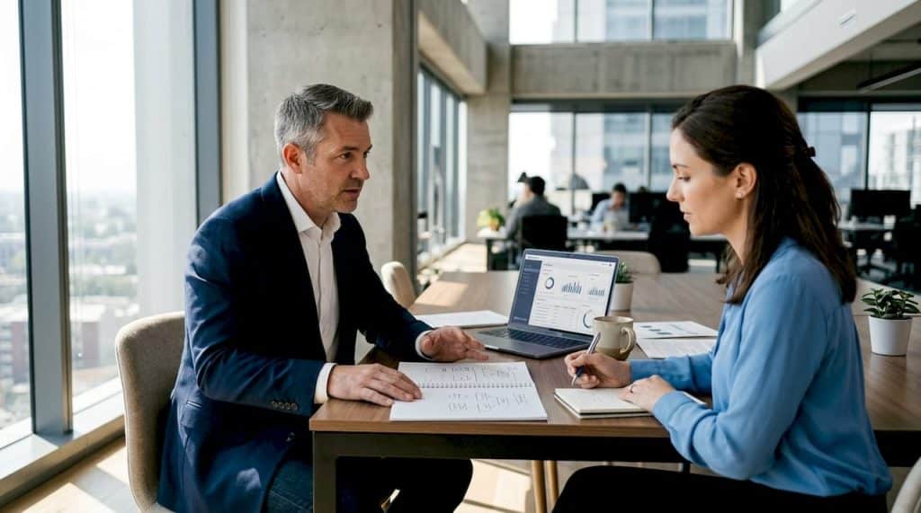 Manager and employee discussing alignment in office