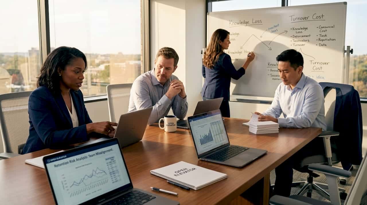 Team collaborating in bright office meeting