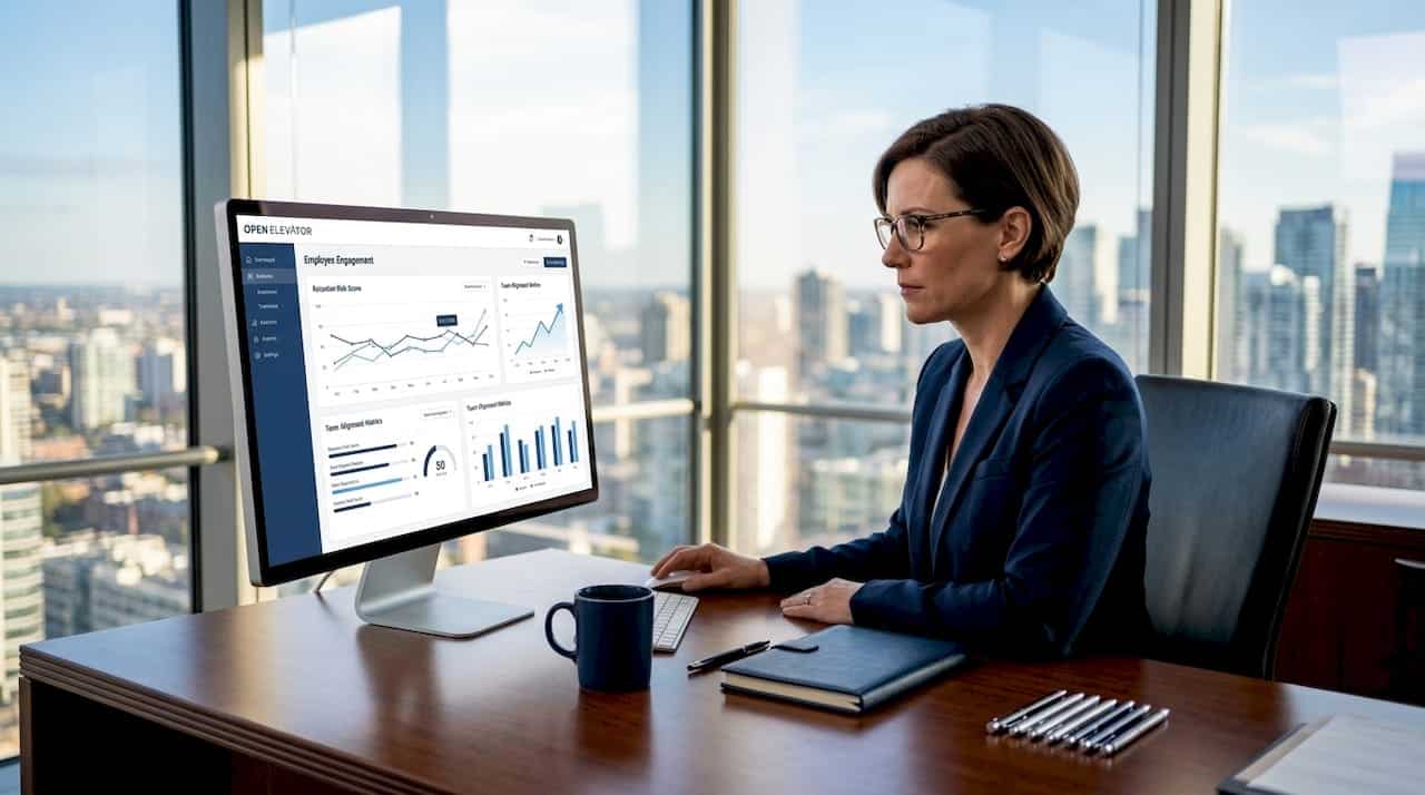 Manager reviewing employee engagement data in office