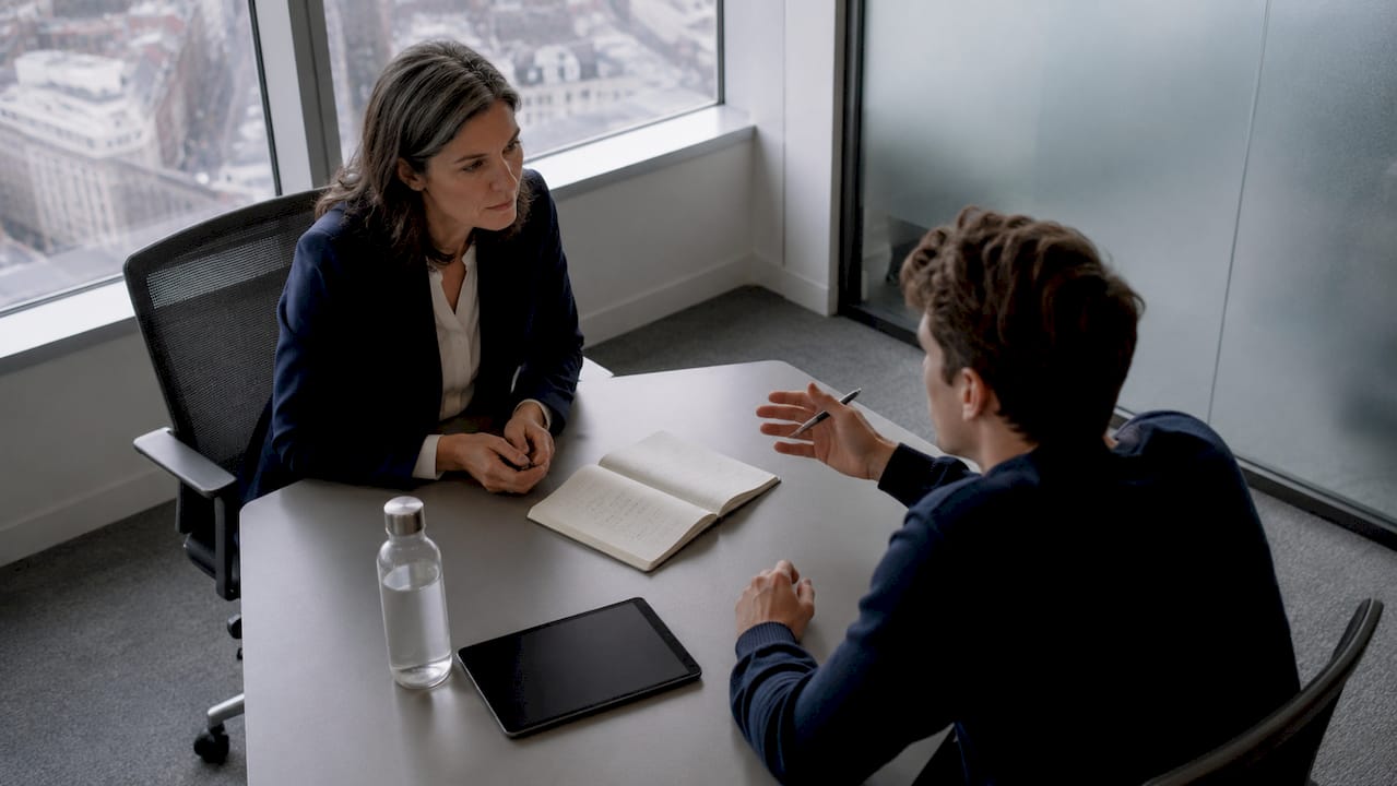 Manager and employee discussing work at desk