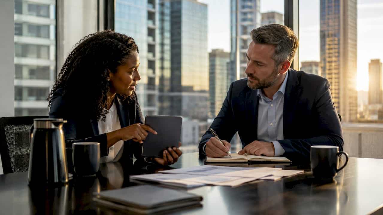 Manager coaching employee during office meeting