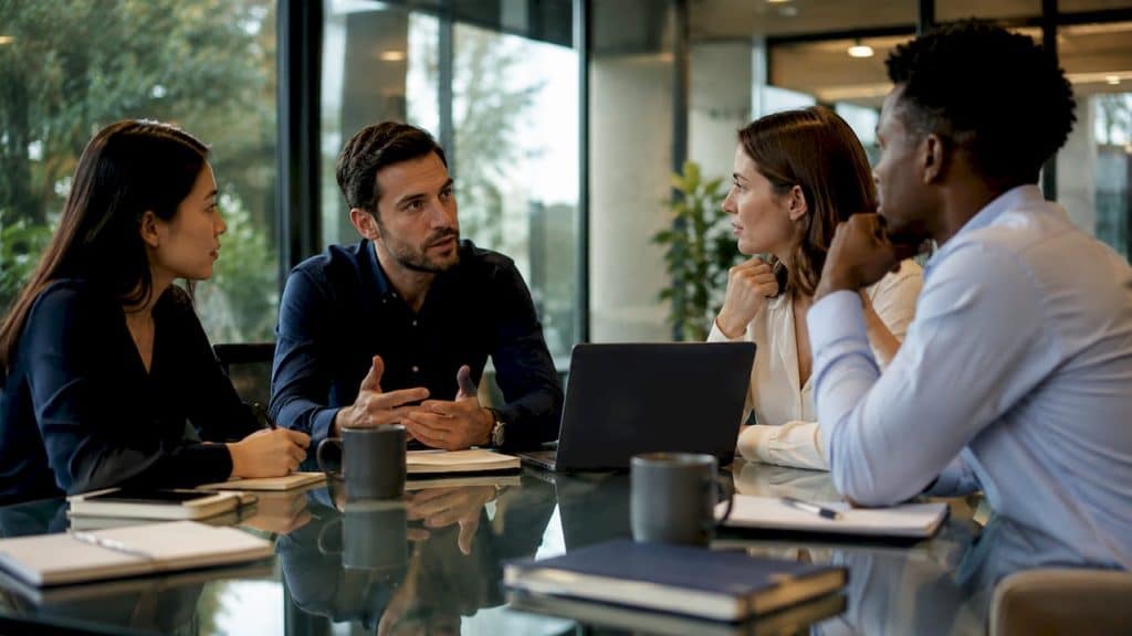 Team in office discussing employee feedback