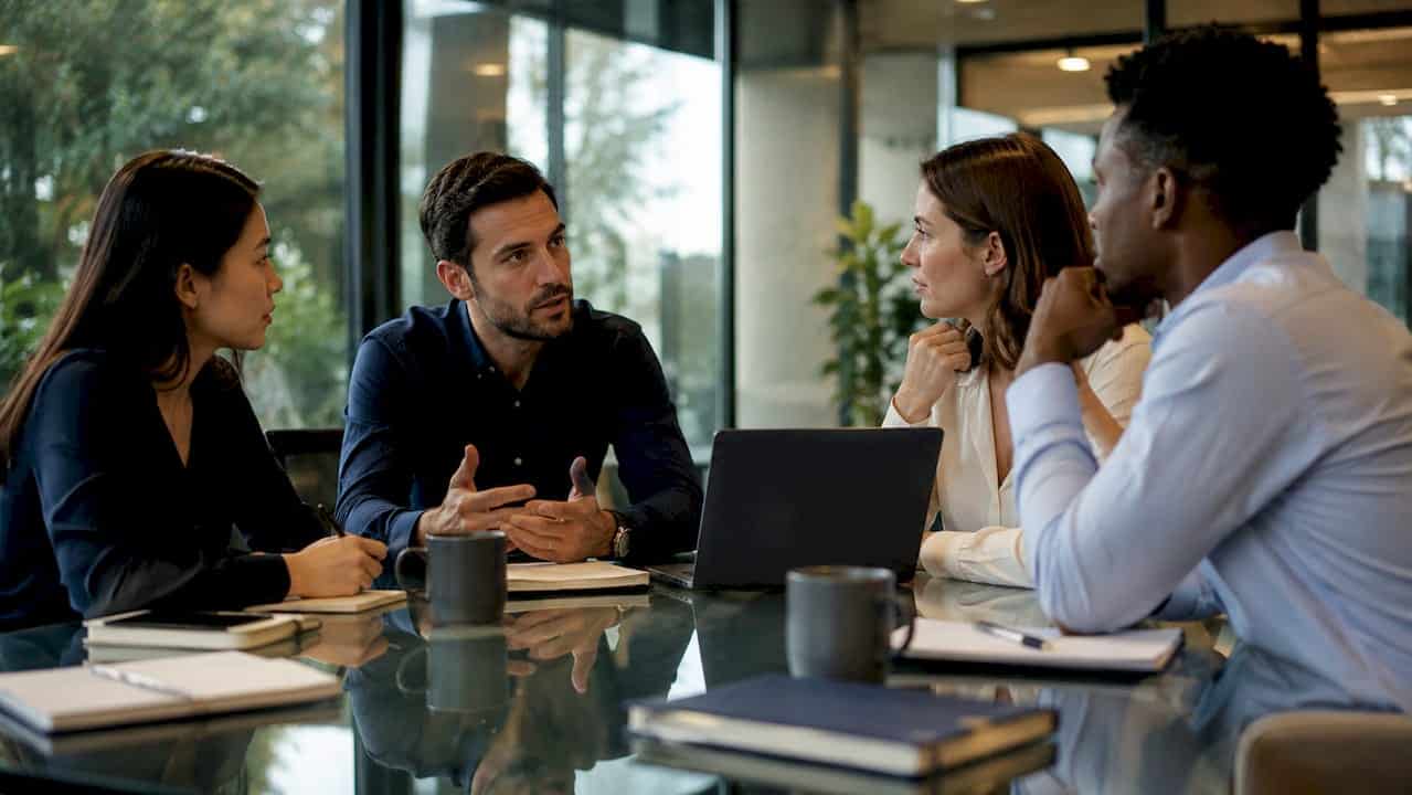 Team in office discussing employee feedback