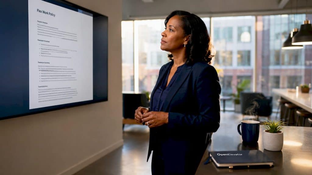 Leader organizing flexible work documents in office