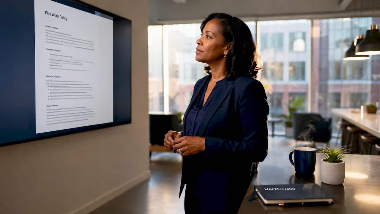 Leader organizing flexible work documents in office
