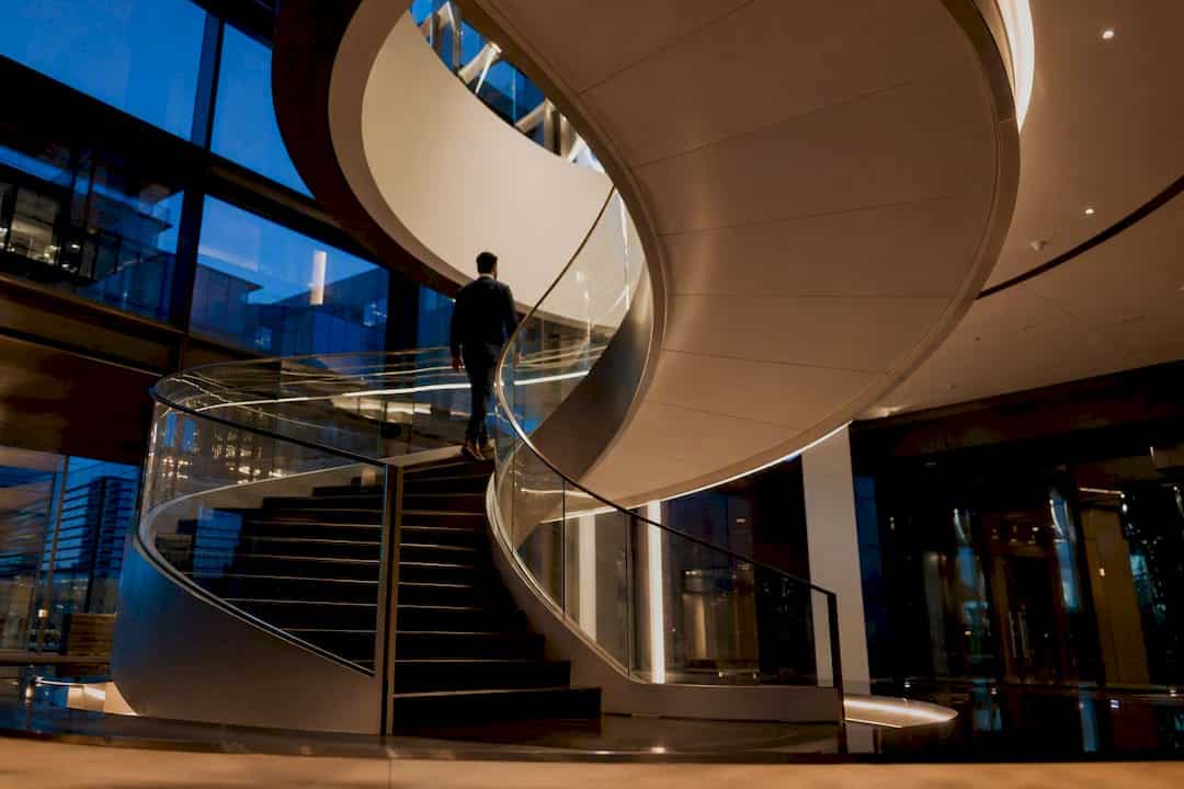 Modern illuminated corporate stairway detail