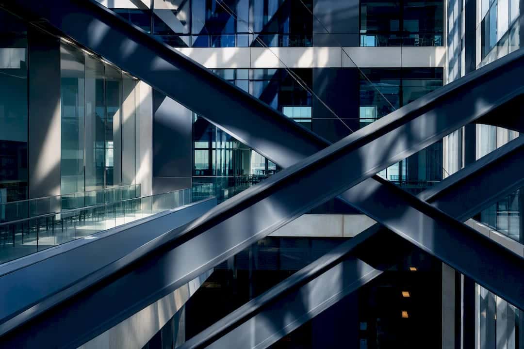 Modern corporate stairwell with geometric shadows