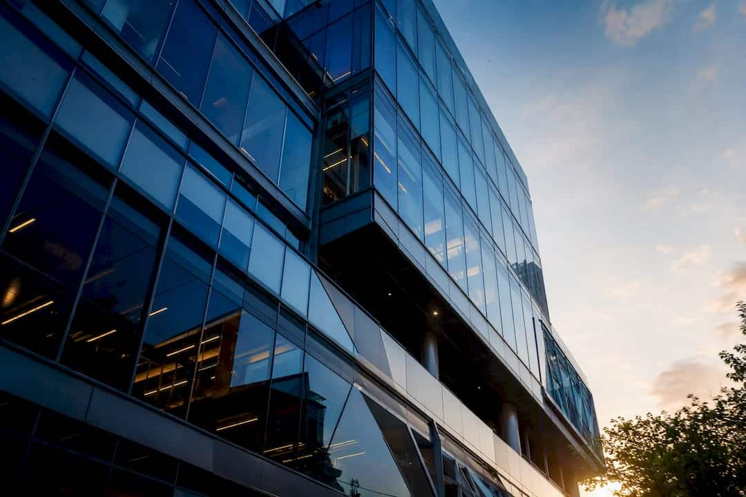 Glass facade with geometric architectural beams