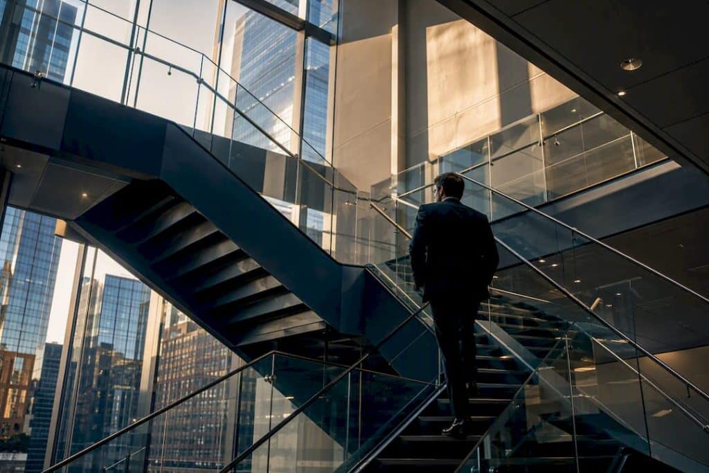 Modern corporate stairwell with glass railings