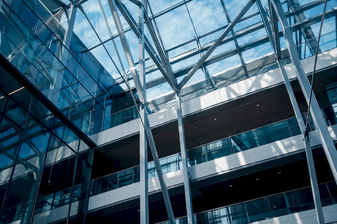Corporate stairwell with blue light and shadows