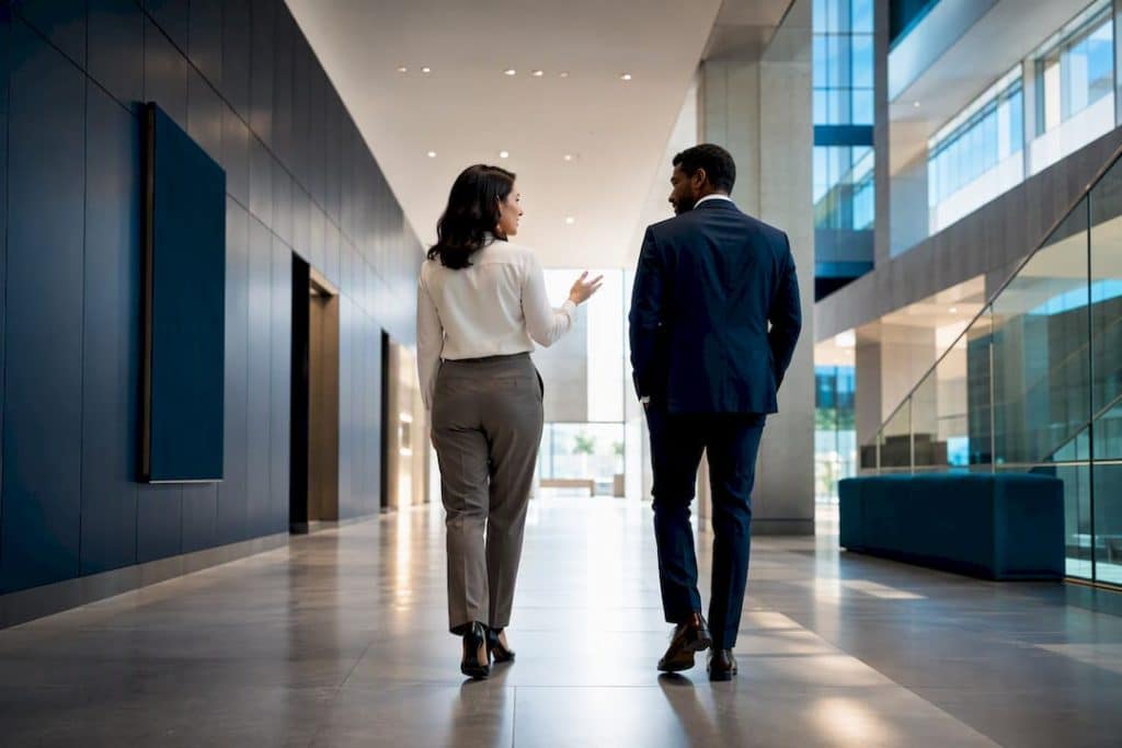 Manager and employee walking in alignment