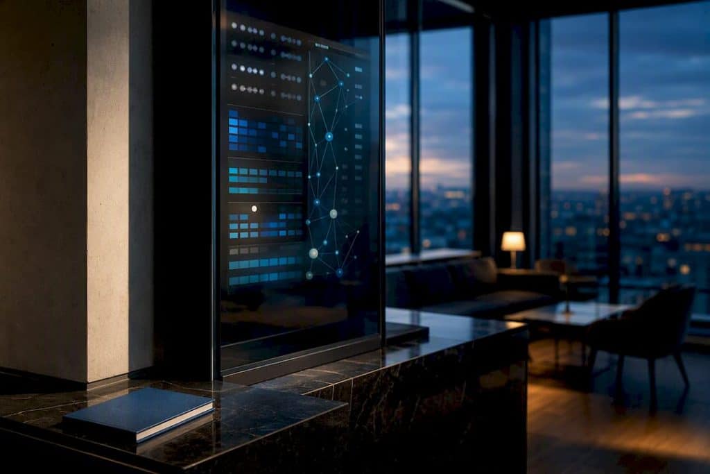Abstract leadership risk dashboard in executive workspace