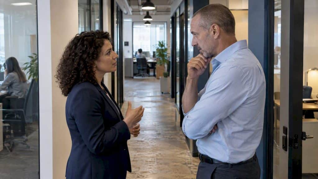 Leaders discussing a reporting line change