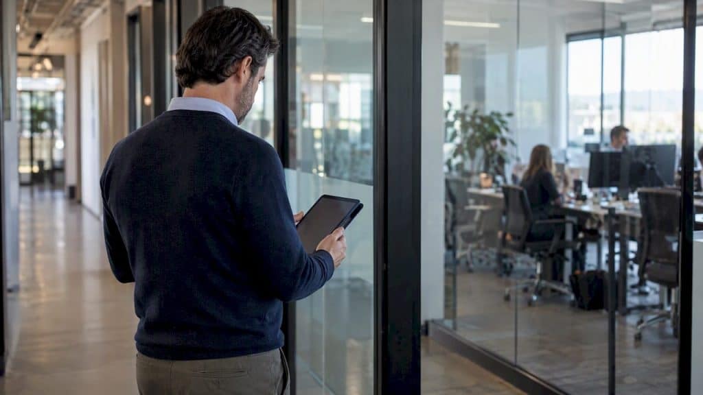 Fractional executive checking a tablet at a client office